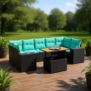 Set di divani da giardino in polyrattan nero da 8 pezzi con cuscini, eleganti mobili da esterno - Product Image 2