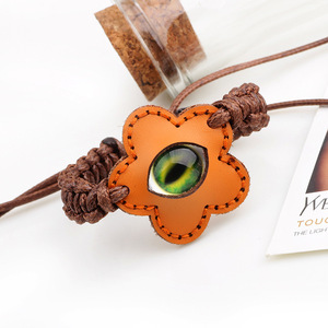 Flower Eye <b>Leather</b> <b>Bracelet</b> Brown Bezel Setting Gift Charm Fashion Woven Five Pointed Star Style - Product Image 2