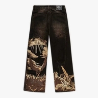 Jean vintage mi-long en denim noir respirant et écologique pour homme, brodé de nuages dorés personnalisés, coupe droite mi-haute, idéal pour l'automne