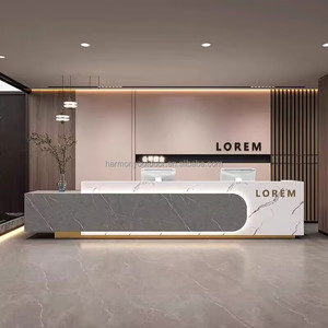 Comptoir <span class=keywords><strong>de</strong></span> réception en marbre plaqué or avec logo personnalisé, idéal pour salon <span class=keywords><strong>de</strong></span> beauté, bureau ou bar, avec éclairage LED intégré - Product Image 4