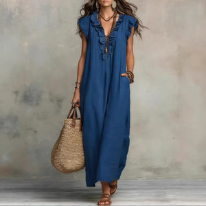 Vestidos de Fiesta de Verano con Cuello en V y Volantes, Elegantes Vestidos Largos Bohemios con Mangas, Vestidos Maxi Casuales con Bolsillos para Mujer - Product Image 5