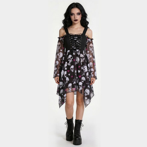 Robe mini gothique à épaules dénudées avec crâne, asymétrique en organza, taille naturelle, pour Halloween ou soirée en club - Product Image 1