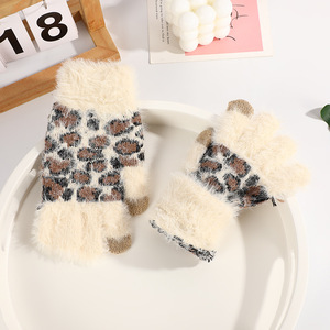 Hiver Blanc Gris Café Animal Sauvage Imprimé Léopard Points Jacquard pour Écran Tactile Faux Vison Fourrure <span class=keywords><strong>Mitaine</strong></span> Chaude Extérieur - Product Image 3