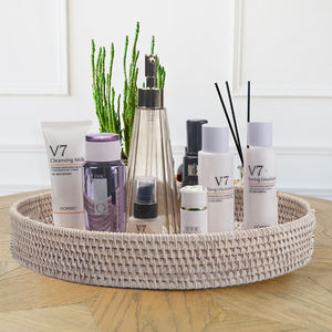 Plateau de table basse rond en rotin blanc tressé moderne et durable avec poignées pour la décoration de la maison et de la cuisine - Product Image 3