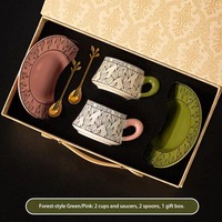 Ensemble de tasses à café et soucoupes en porcelaine rose et verte, tasses pour couple, cuillères à feuilles d'or, boîte cadeau, service à café