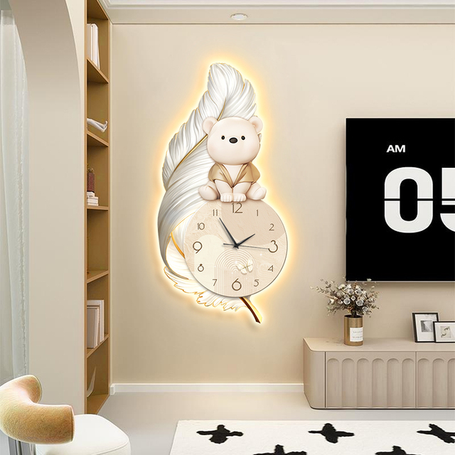 Modern Luxury Feather Wall Art With LED Light Bear Print Creative Light Mural LED Light Painting With Clock