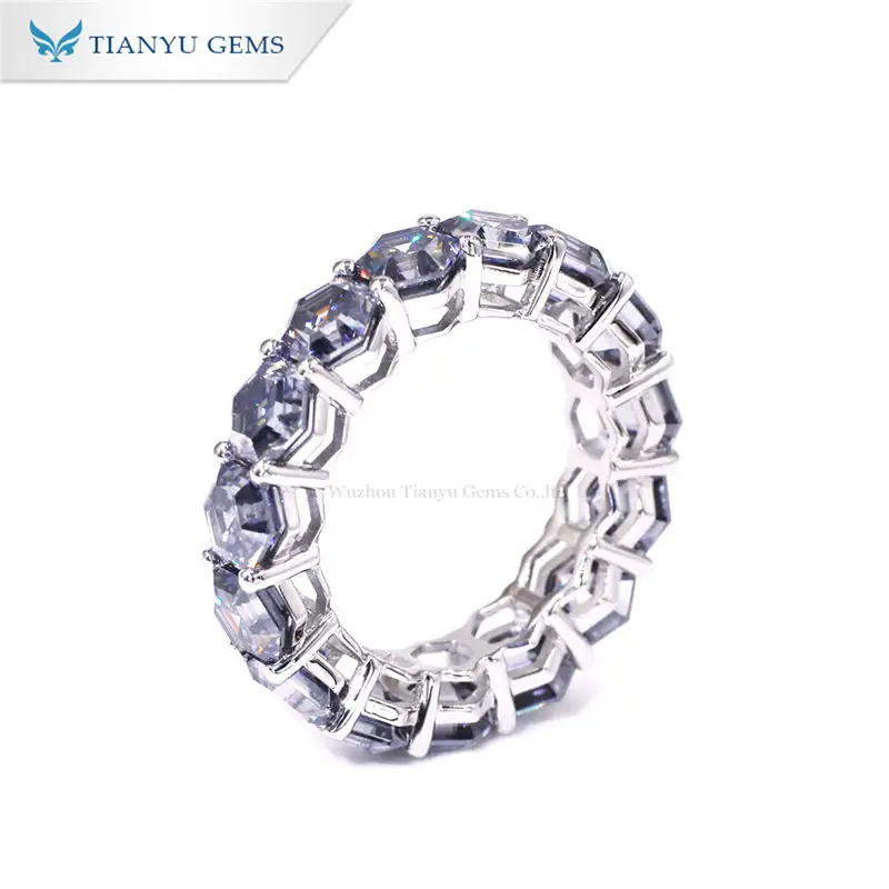 Tianyu Gems custom silver white gold plated mens ring blue gray hexagon moissanite full eternity wedding bands