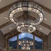 Lustre moderne personnalisé à 2 niveaux avec anneaux en cristal, cadre en métal brun, suspension LED pour villa, hôtel, salon, bar