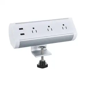 Ons Kantoor Populaire Verwijderbare Klem Op Desktop Tafelblad Rand Socket Aluminium Ronde Mount Extension Power Strip Met 2 Usb Charger