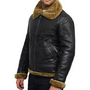 Hot Sale Winter Slim Fit <b>Men's</b> Vintage <b>Shearling</b> <b>Jacket</b> Cow Skin Stand Collar Front Logo Genuine Eco-Friendly Breathable - Product Image 1