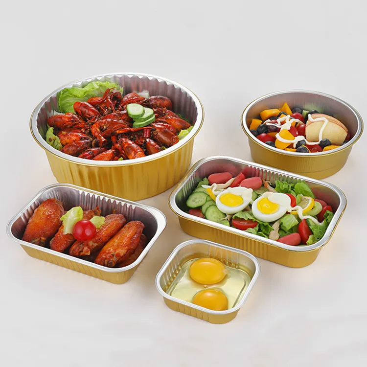 C090 90ml Eco-Friendly Disposable Food Container rectangle Gold Aluminum Foil Tray with Seal Cover for Take out Food