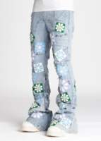 Jean bleu délavé personnalisé de haute qualité 2026, coupe évasée, patch floral, broderie fine, style Y2k, streetwear, denim pour homme