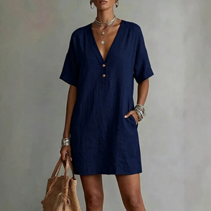 Vestido de poliéster de longitud media con botones y bolsillos, informal y cómodo, para <span class=keywords><strong>mujer</strong></span>, novedad de verano 2026 para el mercado europeo y americano. - Product Image 3