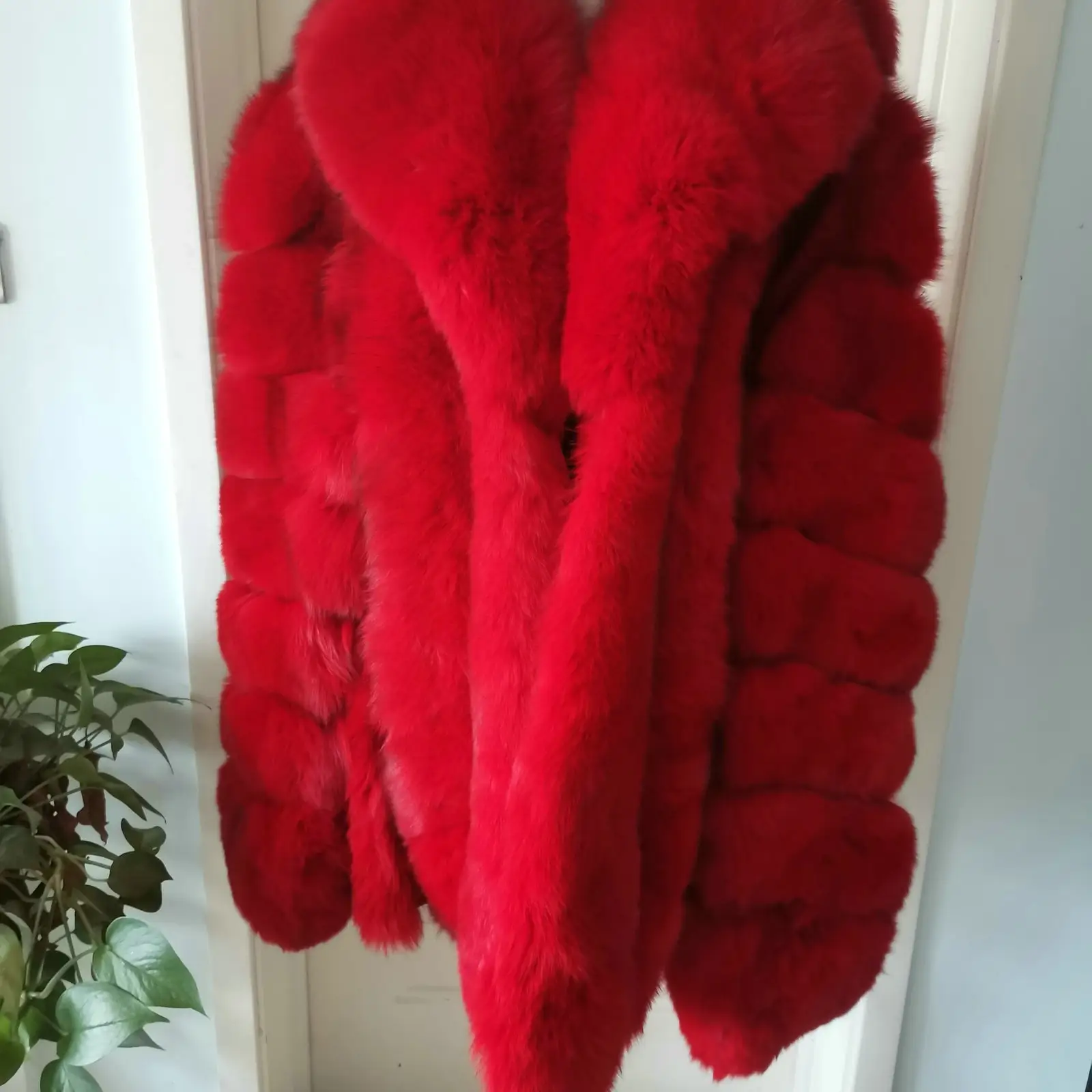 real red color fox fur medium long hooded fur coat men's coat