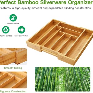 Organisateur de couteaux en bambou 32-52x43x5cm, 8 compartiments, rangement pour couverts de cuisine - Product Image 4