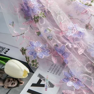 100 폴리 에스테르 레이스 자수 웨딩 얇은 명주 그물 직물 아프리카 자수 꽃 웨딩 드레스 얇은 명주 그물 레이스 직물