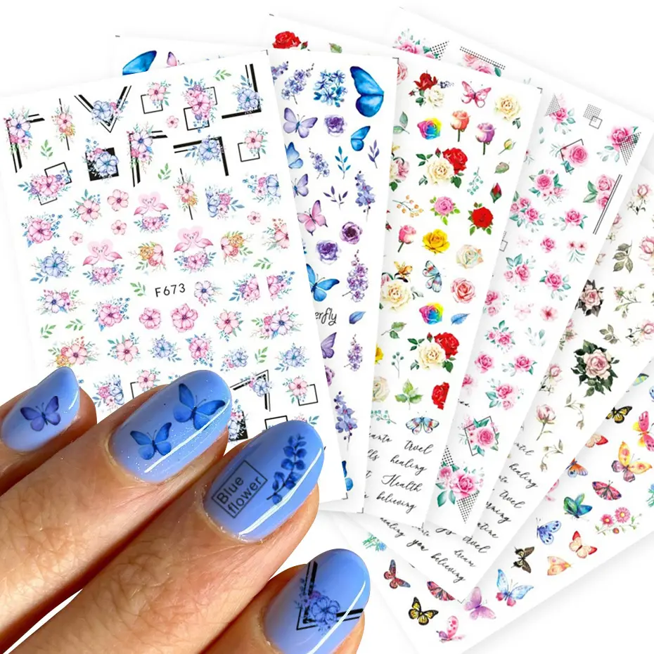 Örnek $0.01 mavi kelebek okyanus kabuk kabuklu bahar çiçek noel gevreği 3D Nail Art Sticker çıkartmaları