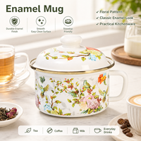 Bol en émail floral jaune-vert avec corps blanc et finition imprimée de fleurs pour café, lait, soupe, maison, cuisine, salle à manger, fournisseur OEM