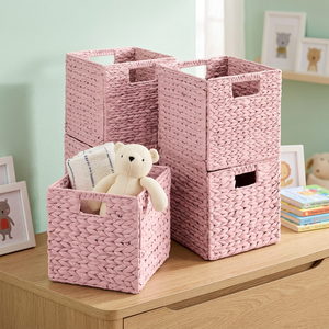 Cestas de almacenamiento tejidas de color rosa, rectangulares, apilables, con asa, para almacenamiento de juguetes para niños, diseño bonito, material de fibra vegetal - Product Image 2