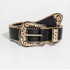 <span class=keywords><strong>Ceinture</strong></span> noire formelle de style occidental avec motifs gaufrés, <span class=keywords><strong>boucle</strong></span> ardillon en alliage doré, pierres rouges incrustées, clous décoratifs, look rétro SaiJe - Product Image 2