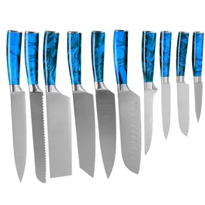 Heiße 10 Stück Schleif klingen messer Sets Blauer Harz griff Fleisch Fisch Gemüse Schneiden Edelstahl Messer Set Besteck Kochmesser Set