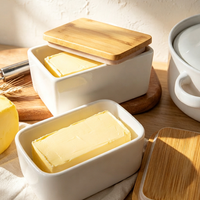 Conteneur de stockage alimentaire en céramique de 350 ml avec couvercle en bambou naturel, réutilisable, hermétique, boîte de rangement pour la cuisine, boîte organisatrice pour le beurre et le fromage