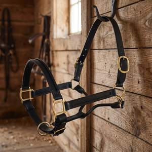Nylon Rope <b>Horse</b> Halter with <b>Brass</b> Hardware Adjustable Black Full Size - Product Image 3