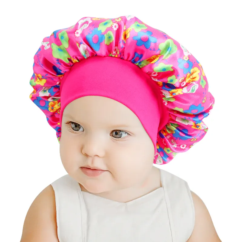 New Arrival Kids Wide Band Floral Print Satin Bonnets Head Wrap Sleep Hats Hair Bonnets for Kids