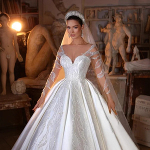 Vestidos de Novia Elegantes Personalizados de Satén con Mangas Largas de Ilusión y Apliques de Cuentas para Mujer - Product Image 1
