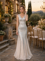 Robe de soirée sirène argentée à sequins, col en V, sans manches, avec empiècement en mousseline transparente et traîne, pour soirée formelle, vente en gros