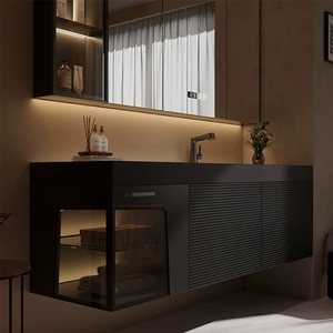 Light luxury curved black smart storage mirror cabinet with integrated stone slab <b>floating</b> bathroom cabinet - Product Image 6