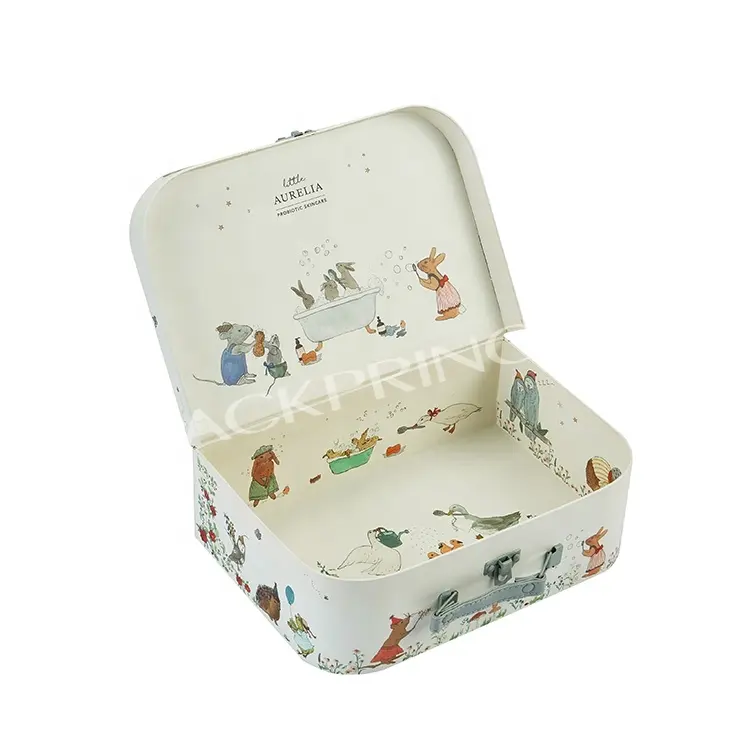 Elegante diseño personalizado de lujo blanco rígida de papel de cartón de regalo de los niños juguete de papel de embalaje maleta caja con mango