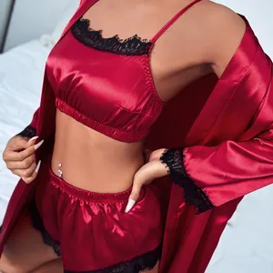 Mature Lady Sexy Lace Long Sleeve Robe Satin Sleepwear Pajamas Soft Short Night Gown Suits