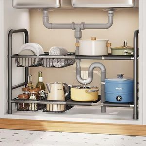 Under Sink Organizer 2 Tier Expandable Cabinet Shelf Organizer Under Sink Storage Rack with <b>Removable</b> Panels and Baskets - Product Image 5
