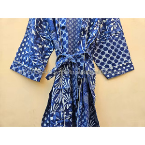 Kimono ample en lin et coton imprimé indigo pour femme, robe, cardigan, chemise de plage, cache-maillot de bain sexy, tenue d'été - Product Image 2