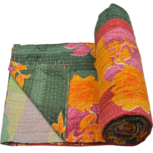 Handmade Cotton Kantha Quilt Vintage Floral Print Reversible Bedspread Bohemian Blanket for <b>Home</b> - Product Image 1