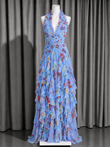 Abito da sera da donna all'ingrosso con stampa floreale, scollo all'americana, blu, a strati, in chiffon con volant, per <span class=keywords><strong>ballo</strong></span> <span class=keywords><strong>di</strong></span> <span class=keywords><strong>fine</strong></span> <span class=keywords><strong>anno</strong></span>, feste e resort - Product Image 5