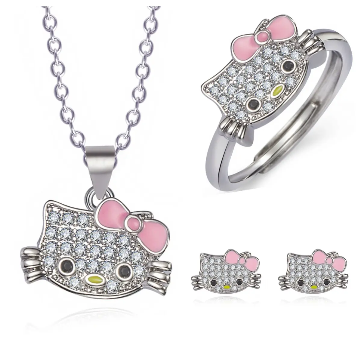 Hello Kitty completo diamante arco lindo collar pendientes y anillo abierto mujer dibujos animados dulce gatito joyería conjunto Mujer
