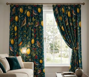 Charming Birds Lemon And Red Pattern Curtain Velvet Or Blackout Art Nouveau <b>Window</b> Each Panel Premium Printed Drapes - Product Image 3