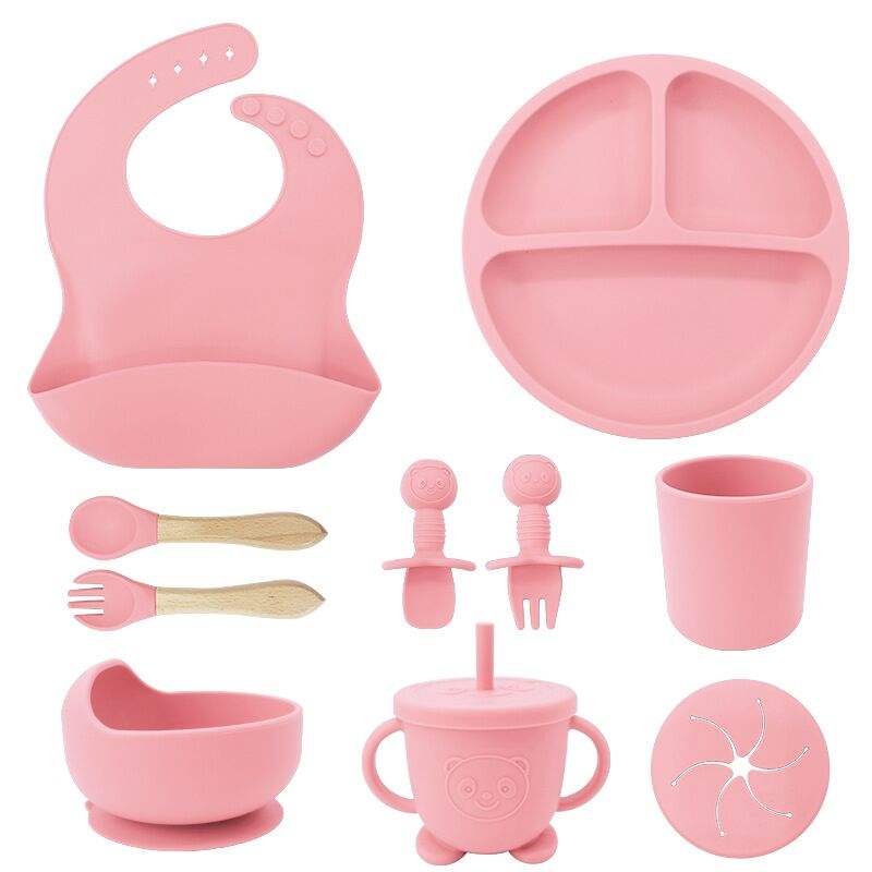 (wood fork spoon feeding set 10pieces in 1  )Pink