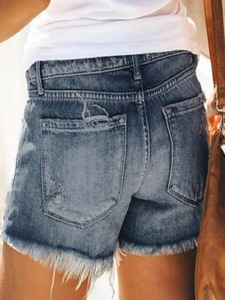 Shorts en jean vintage déchirés pour femme, taille haute, délavés, à franges, boutonnés, avec trous et empiècements, poches d'été - Product Image 5