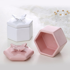 Boîte à bijoux en céramique avec couvercle papillon, forme hexagonale, pour bagues, colliers, organisateur de bureau, conteneur de rangement avec fonction bougie - Product Image 2