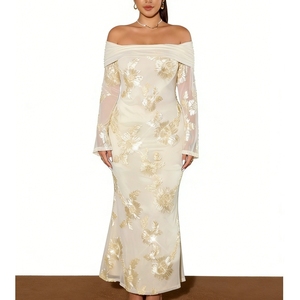 Robe longue maxi pour femme grande taille à épaules dénudées avec broderie florale et manches transparentes – Robes de soirée élégantes - Product Image 5