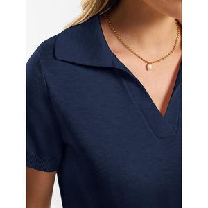 FOXA Polo Femme à Manches Courtes en Mélange de Laine, Col en V, Tricoté, Respirant, Coupe Classique, Style Business Décontracté, Printemps-Été - Product Image 5
