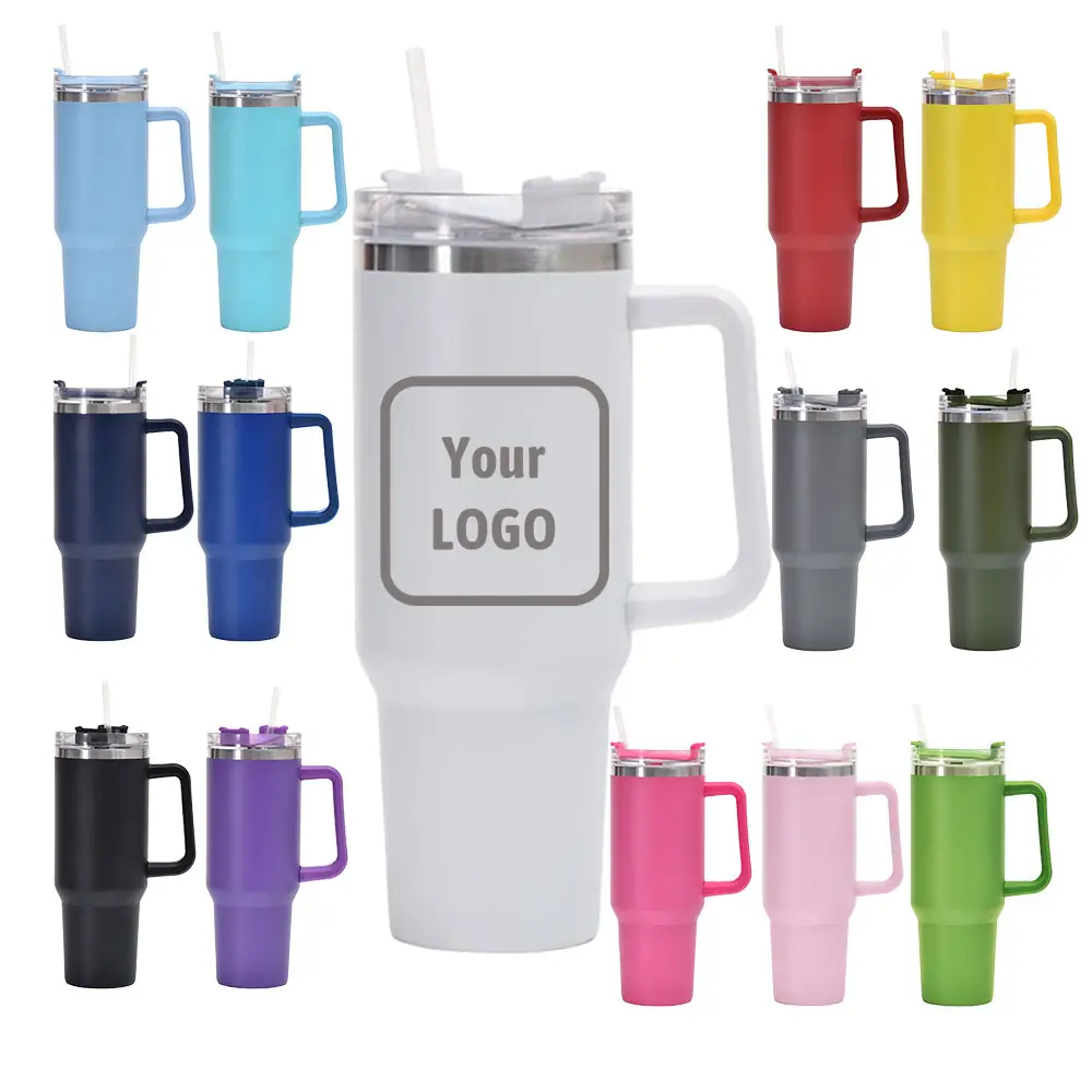 Custom Quencher 40oz Double Wall Vacuum Insulated Travel Coffee Mug Stainless Steel powder coated Tumbler Cup with handle