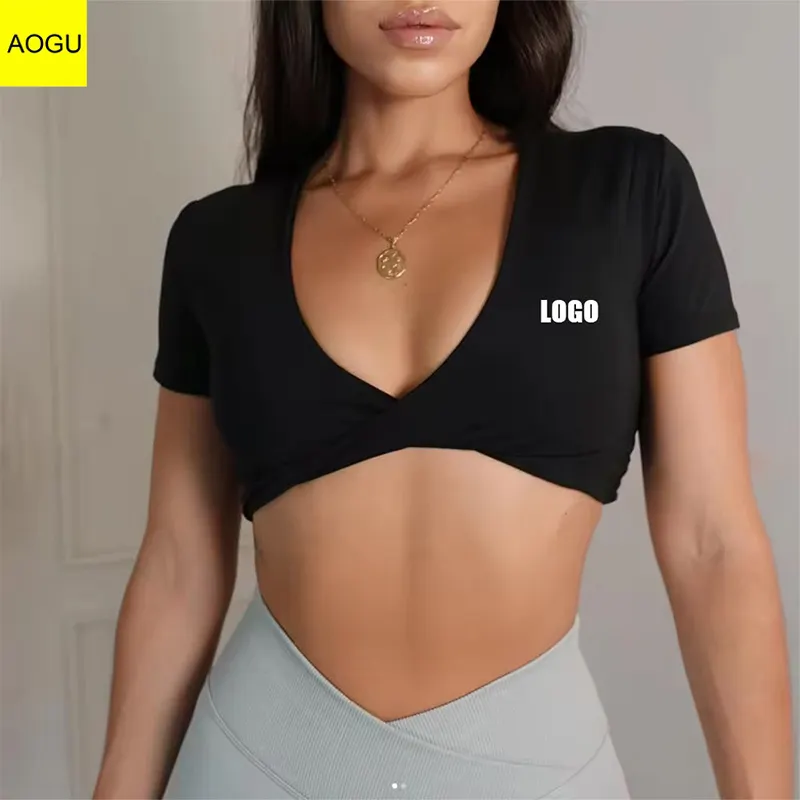 Custom LOGO Yoga Tee Twisted Front Short Sleeve Shirt Gym Fitness Girls Padding T-shirt V Neck Crop Tops for Women