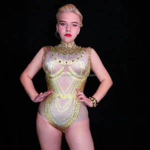 Cantante femminile modello di auto djgogo golden senza carne stretch strass one-piece nappa mantello performance costume femminile - Product Image 6