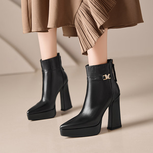 Stivaletti da <span class=keywords><strong>Donna</strong></span> con Tacco Alto 2025 Autunno Inverno Nuovi Impermeabili con Plateau a Punta con Strass in Vera Pelle Tacco Spesso - Product Image 2