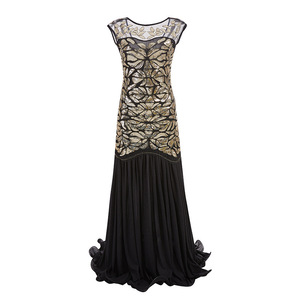 Evening Dress Long Gown Boat Neck Empire Waist <b>Sequins</b> Beads Mesh Vintage Translucent Sheer Layer Party Dinner Wear - Product Image 4