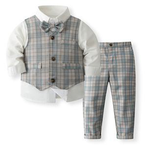 Catpapa - Conjunto de 4 Piezas <span class=keywords><strong>para</strong></span> Niños, Estilo Caballero, Chaleco a Cuadros, Corbata de Lazo, Camisa, Pantalones a Cuadros, Traje de Boda - Product Image 1